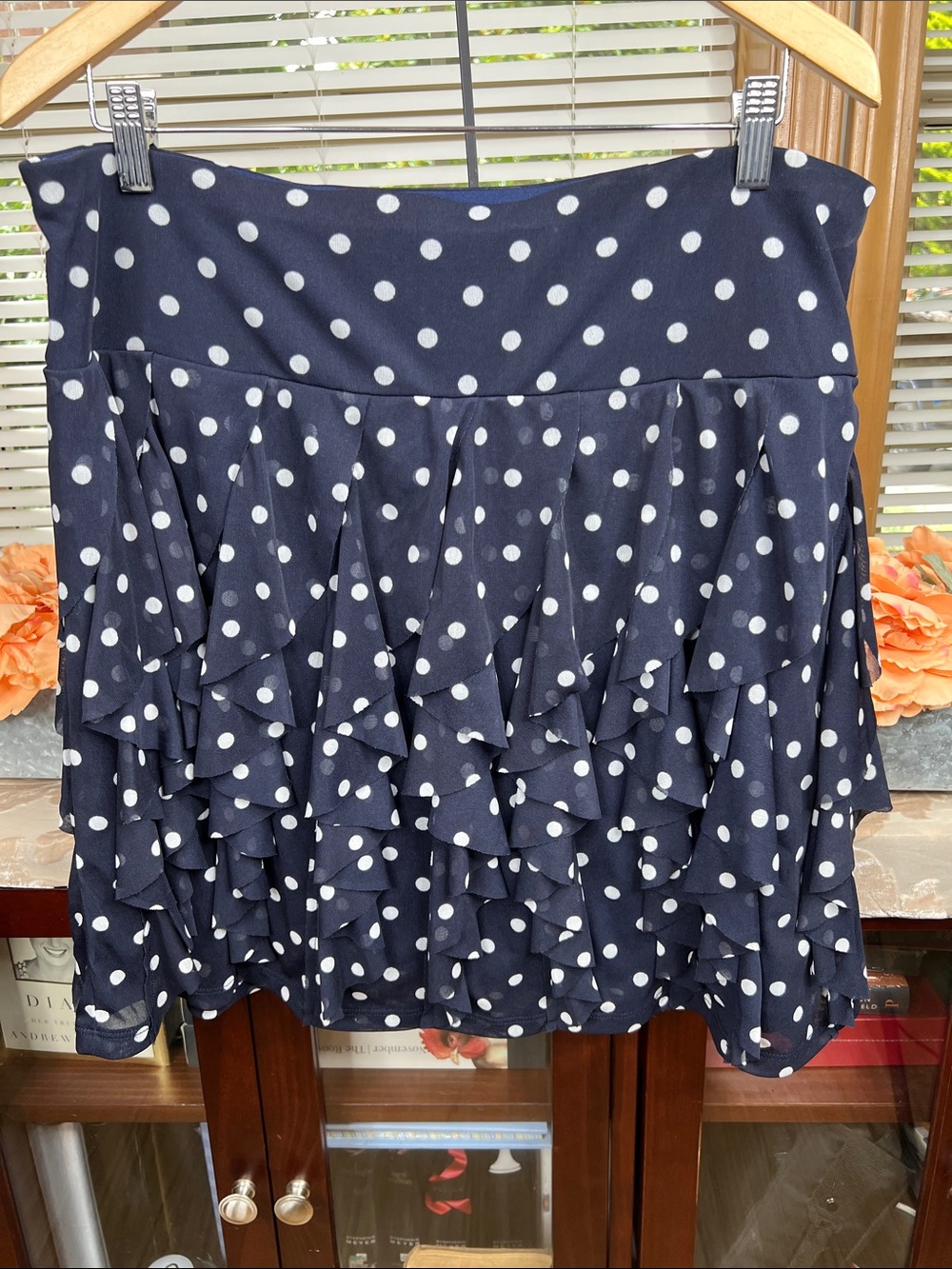 INC International Concepts Mini Sz XL Skirt BlUE Polka Dot Flirty Ruffled